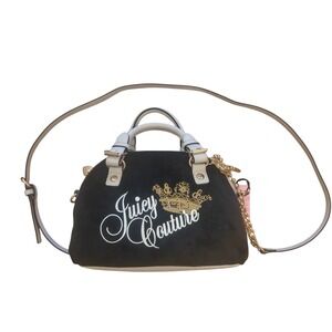 Juicy Couture Black Velour Satchel Bag White Trim Gold Crown Logo Crossbody NEW